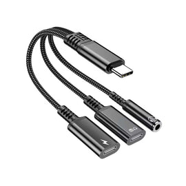 USB-C Earphone Adapter Splitter,  USB-C to 3.5mm and 2-Port USB-C Port Converter Headphone Audio Jack  TYPE-C Charging Port  - AWUH02 2304-1