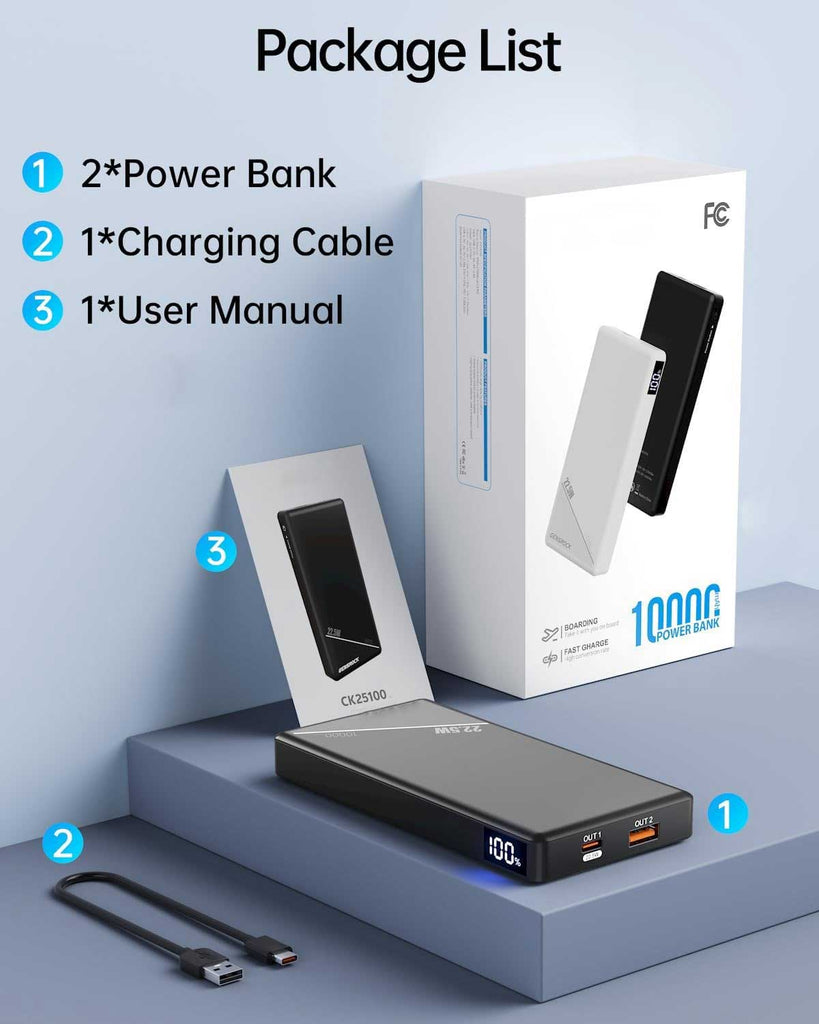 2 Pack 10000mAh Power Bank ,  LED Display  Portable Charger Backup Battery 22.5W PD Fast Charge   - AWXW241 2597-7