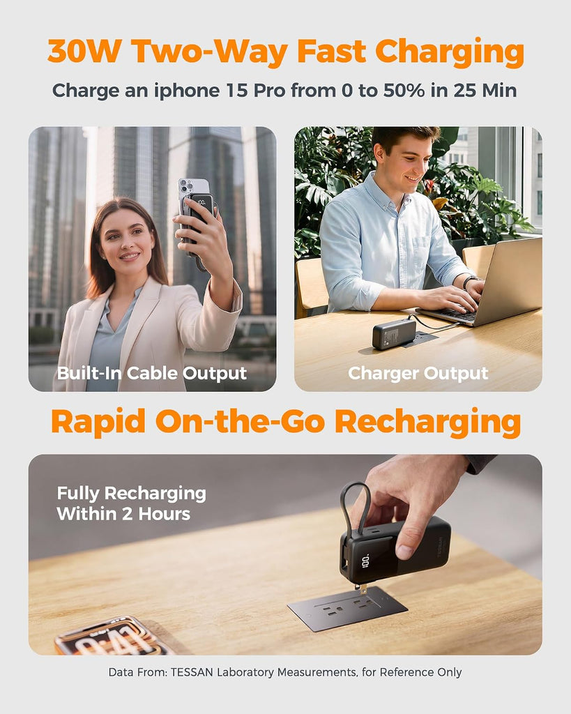 10000mAh Power Bank with AC Wall Plug,  Built-in Cable Portable Charger Backup Battery 30W PD Fast Charge  - AWXW282 2644-3