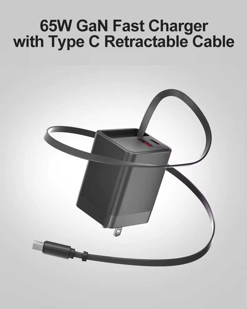 65W PD Home Charger,  Built-in Power Cord USB-C 2ft Retractable Cable Fast Type-C  - AWK22 2240-8