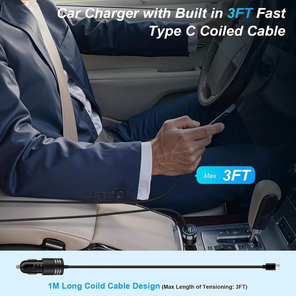 48W Fast Car Charger,  Extra USB Port Straight Type-C Cable Power Adapter USB-C  - AWXW238 2594-6