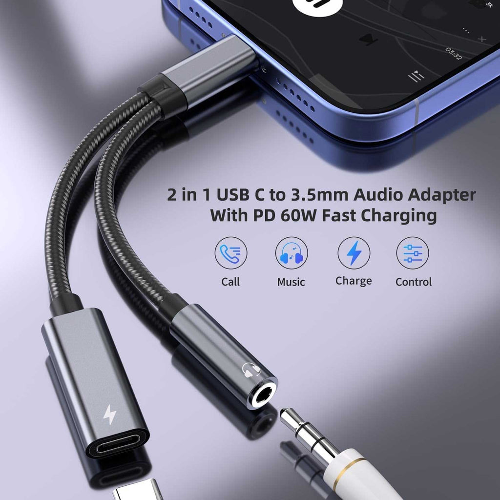 USB-C Earphone Adapter Splitter,  USB-C Male to 3.5mm and USB-C Female Port Converter Headphone Audio Jack  TYPE-C Charging Port  - AWP22 2282-6