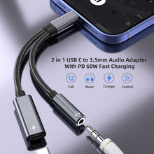 Load image into Gallery viewer, USB-C Earphone Adapter Splitter,  USB-C Male to 3.5mm and USB-C Female Port Converter Headphone Audio Jack  TYPE-C Charging Port  - AWP22 2282-6
