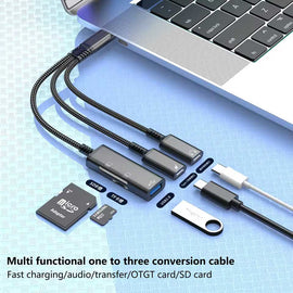 3-in-1 USB-C Splitter Earphone Adapter,  MicroSD Slot 3-in-1 Converter  Memory Card Reader TYPE-C Charging Port  - AWP27 2306-2