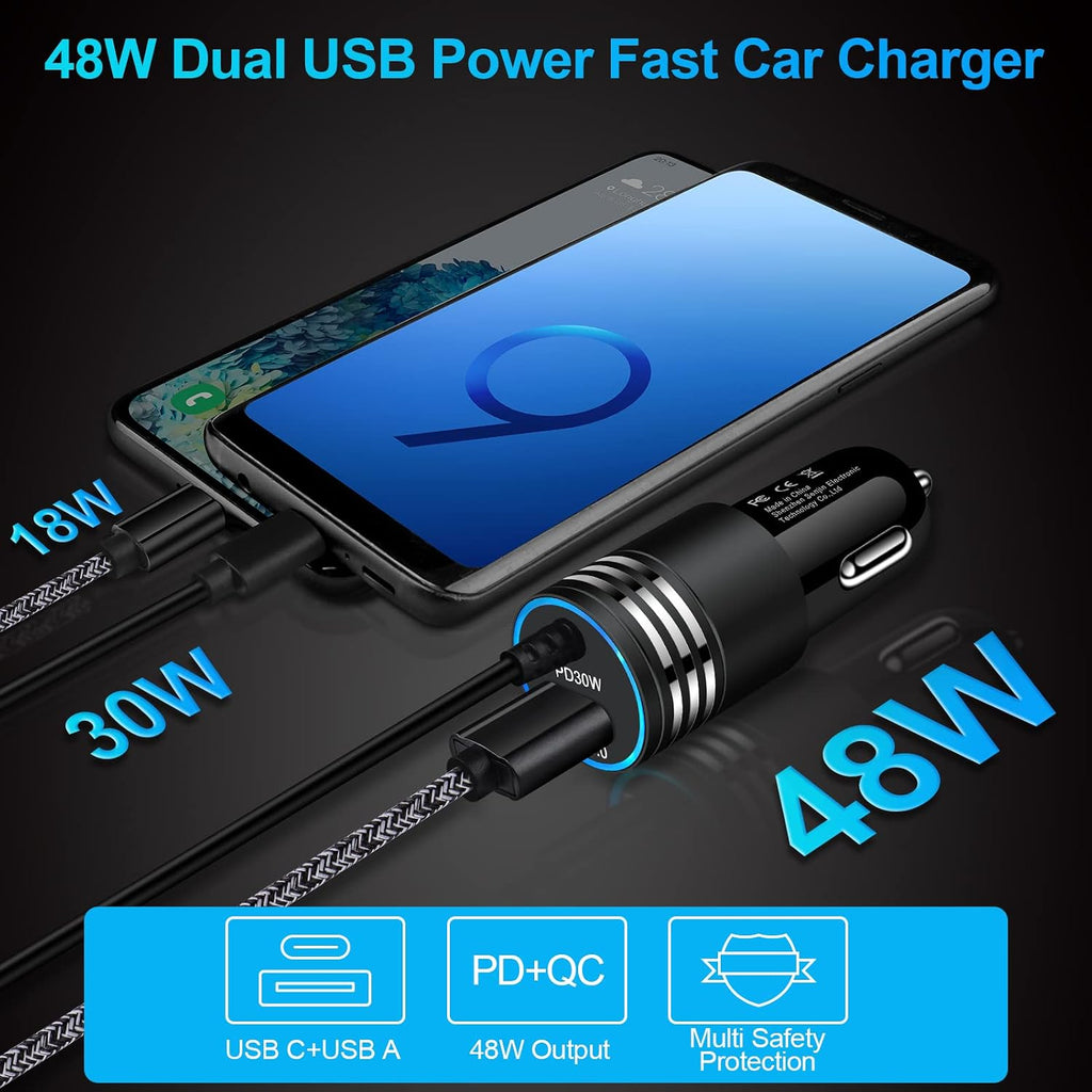 48W Fast Car Charger,  Extra USB Port Straight Type-C Cable Power Adapter USB-C  - AWXW238 2594-3