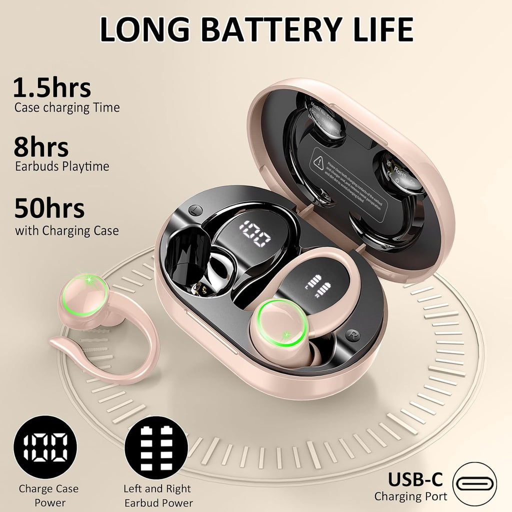 Pink Wireless Ear-hook Earphones,  Charging Case True Stereo Over the Ear Headphones Bluetooth Earbuds  - AWXW267 2628-3