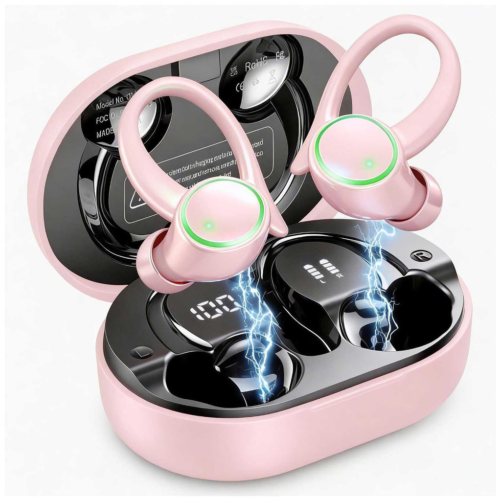 Pink Wireless Ear-hook Earphones,  Charging Case True Stereo Over the Ear Headphones Bluetooth Earbuds  - AWXW267 2628-1