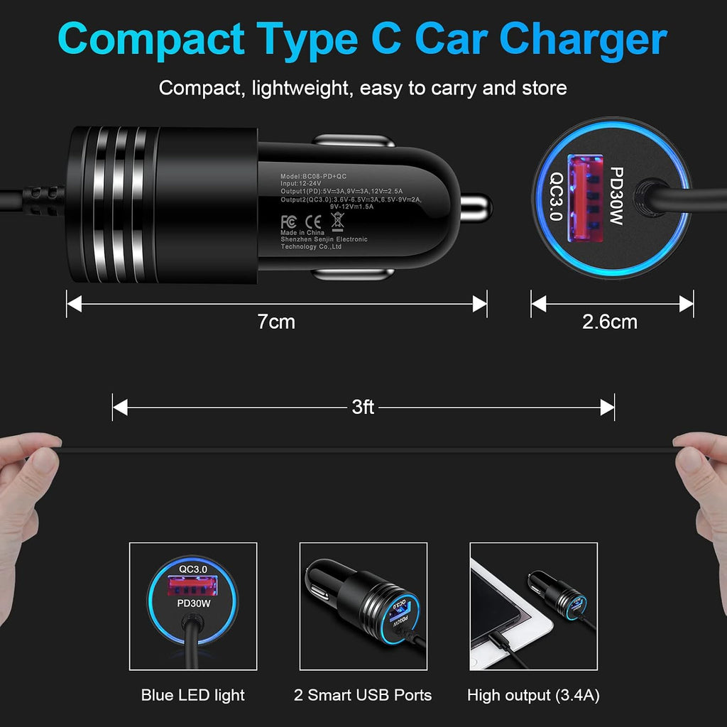48W Fast Car Charger,  Extra USB Port Straight Type-C Cable Power Adapter USB-C  - AWXW238 2594-5