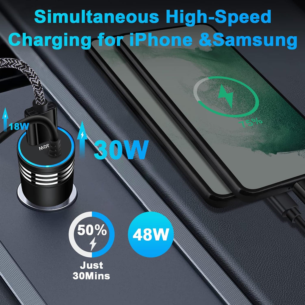 48W Fast Car Charger,  Extra USB Port Straight Type-C Cable Power Adapter USB-C  - AWXW238 2594-2