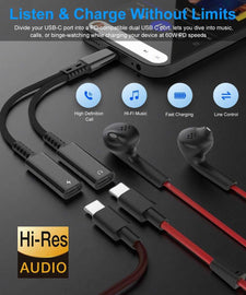 USB-C Port Splitter Earphone Adapter,  2-in-1 Converter Headphone Audio Jack Adaptor TYPE-C Charging Port  - AWP23 2283-2