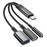 USB-C Earphone Adapter Splitter, USB-A Port Port Converter Headphone Audio Jack TYPE-C Charging Port - AWP26