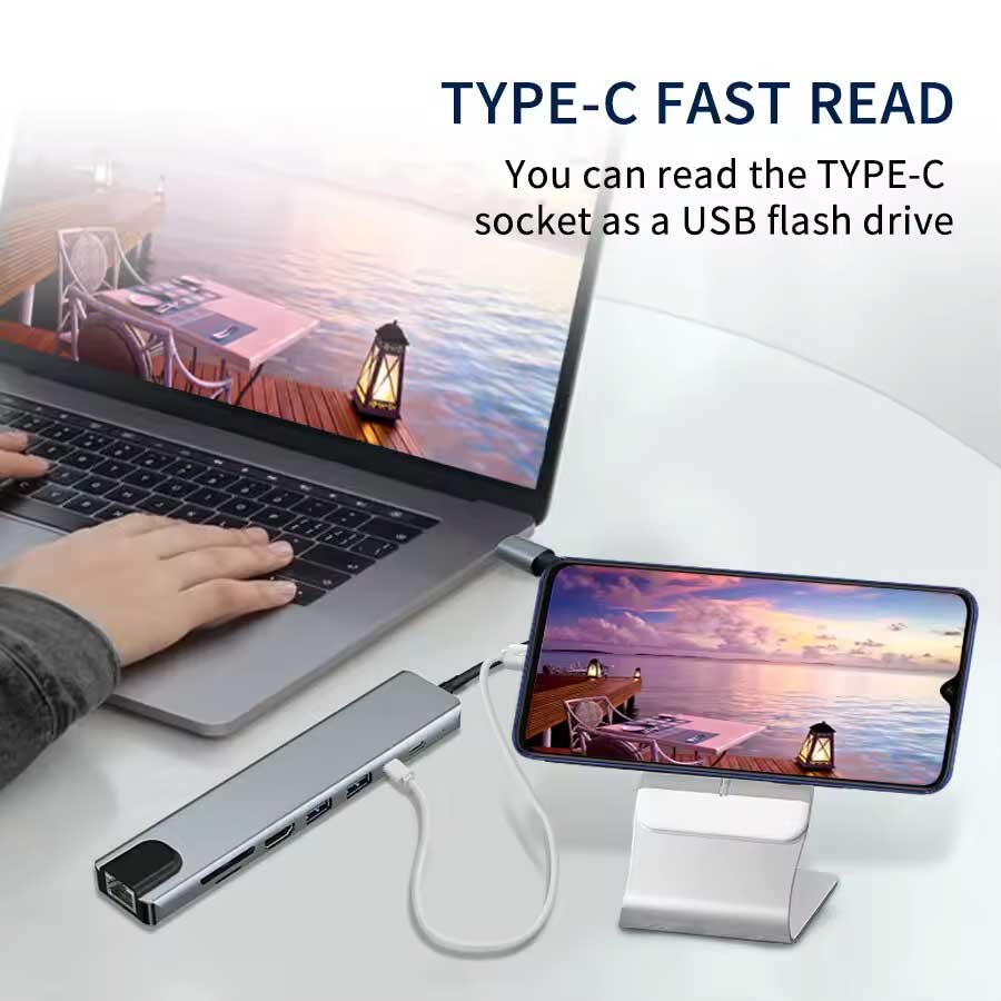 HDMI TV Adapter,  Card Reader TYPE-C PD Charger RJ45 Ethernet Port  8-in-1 USB-C Hub  - AWZ87 2211-3