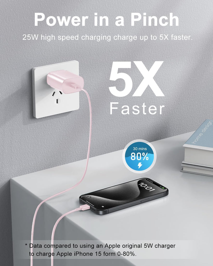  Pink 2 Pack 25W Fast Home Charger,  Power Quick 6ft and10ft USB-C Cable PD Type-C  - AWXW235 2591-4