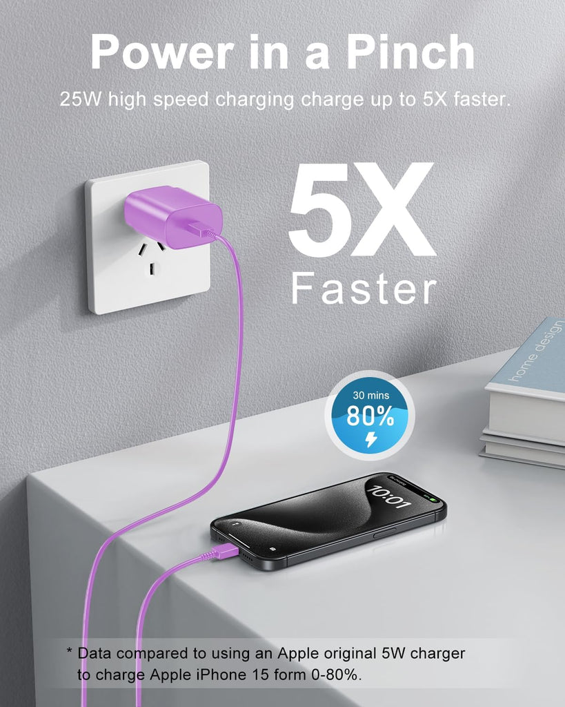Purple 2 Pack 25W Fast Home Charger,  Power Quick 6ft and10ft USB-C Cable PD Type-C  - AWXW234 2590-4