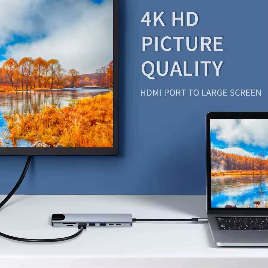 HDMI TV Adapter,  Card Reader TYPE-C PD Charger RJ45 Ethernet Port  8-in-1 USB-C Hub  - AWZ87 2211-4