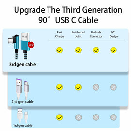 3 Pack 6ft Long USB-C Cable,  Power Wire  Type-C  Fast Charge  Angle Cord for Gaming  - AWXW272 2633-2