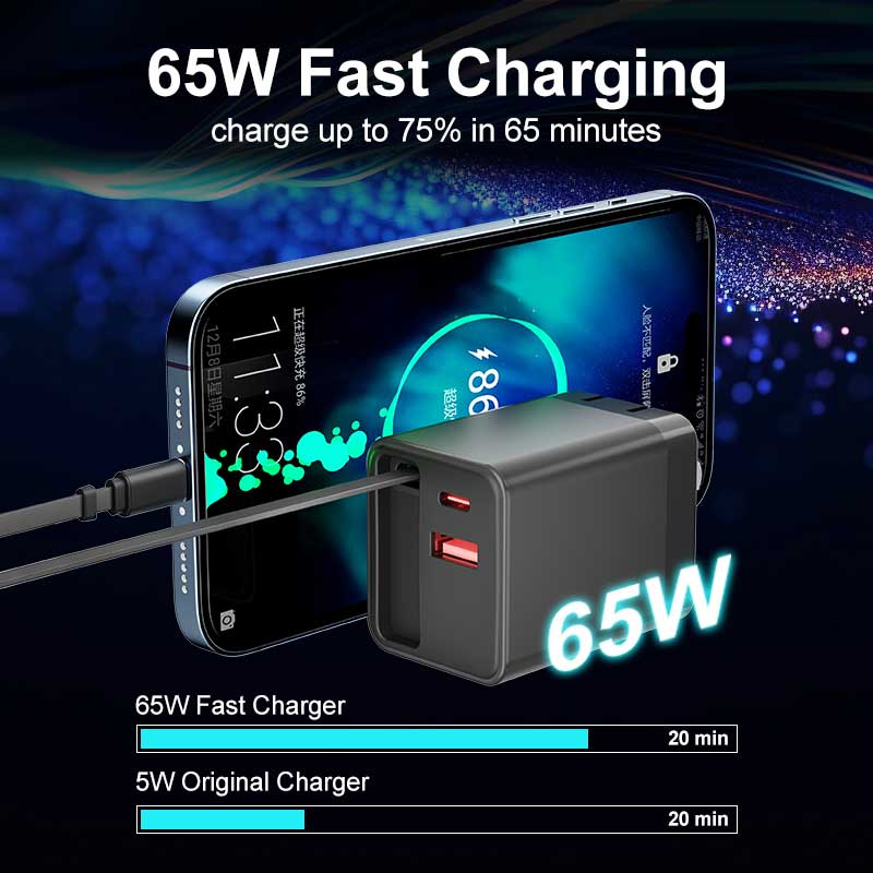 65W PD Home Charger,  Built-in Power Cord USB-C 2ft Retractable Cable Fast Type-C  - AWK22 2240-5