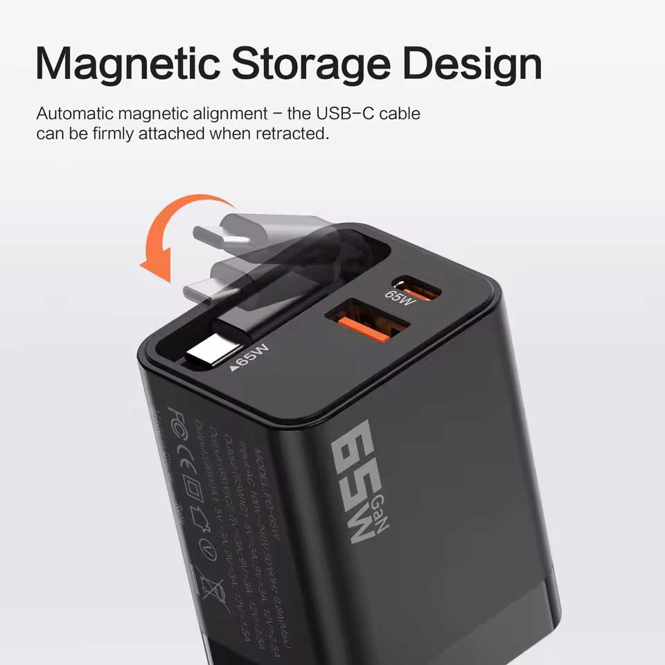 65W PD Home Charger,  Built-in Power Cord USB-C 2ft Retractable Cable Fast Type-C  - AWK22 2240-4