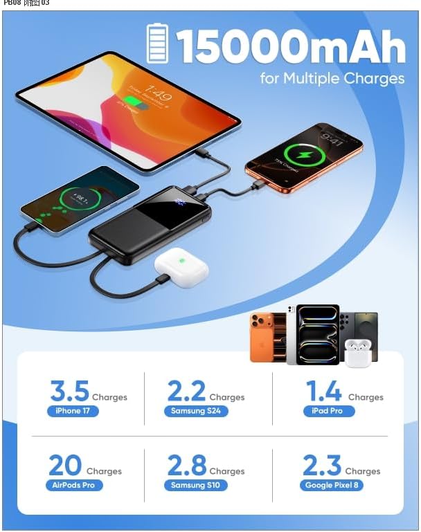 15000mAh Power Bank ,  Built-in Cable Portable Charger Backup Battery 22.5W PD Fast Charge   - AWXW239 2595-4