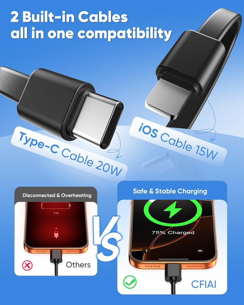 15000mAh Power Bank ,  Built-in Cable Portable Charger Backup Battery 22.5W PD Fast Charge   - AWXW239 2595-3