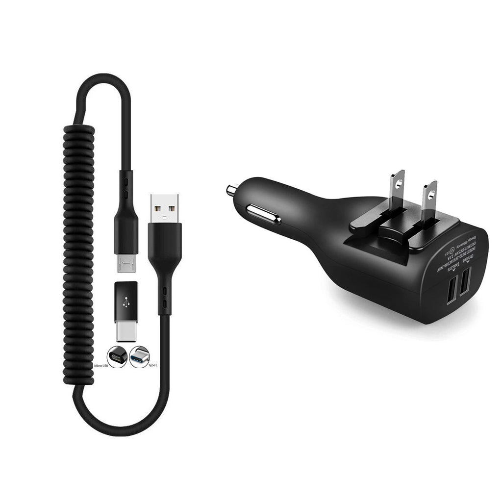 2-in-1 Car Home Charger, Power Wire Charger Cord Micro-USB to USB-C Adapter Coiled USB Cable - AWE96