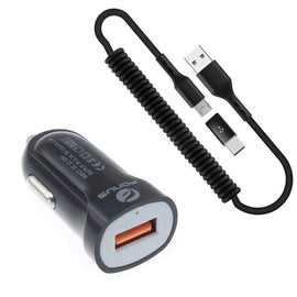  24W Fast Car Charger ,  Wire Power Cord Micro-USB to USB-C Adapter Coiled USB Cable  - AWK78 1880-1