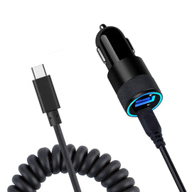 36W Fast Car Charger, Extra USB Port Coiled Type-C Cable Power Adapter USB-C - AWJ27