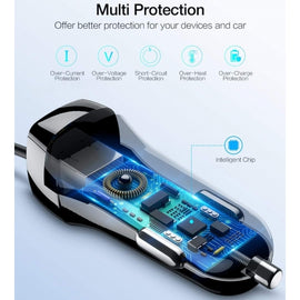 36W Fast Car Charger, Extra USB Port Coiled Type-C Cable Power Adapter USB-C - AWJ27