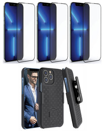 Belt Clip Case and 3 Pack Screen Protector, 9H Hardness Kickstand Cover Tempered Glass Swivel Holster - AWA12+3Z32