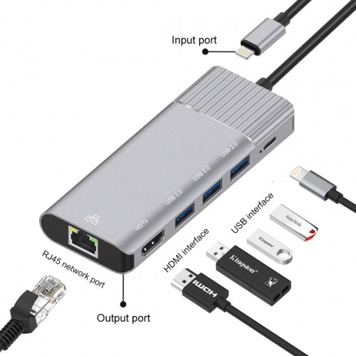6-in-1 Adapter USB Hub, TV Video Hub Charger Port RJ45 Network Port HDTV HDMI - AWG16