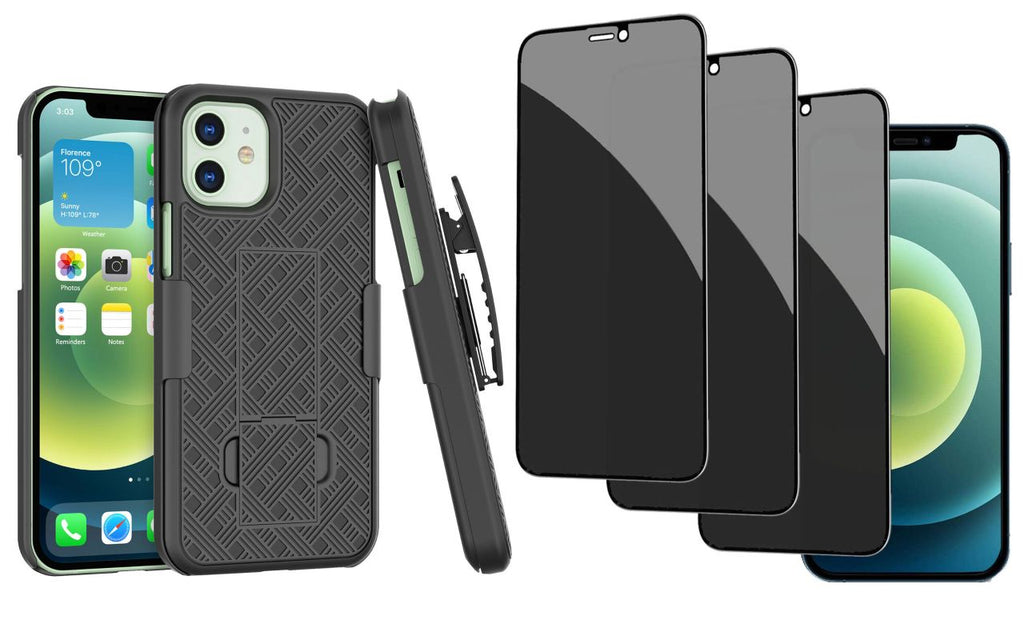 Belt Clip Case and 3 Pack Privacy Screen Protector , Anti-Spy Kickstand Cover Tempered Glass Swivel Holster - AWC26+3G56