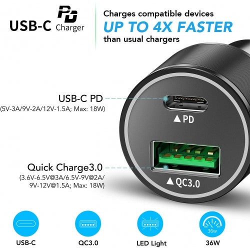 Quick Car Charger, Power Type-C PD 2-Port USB Cable 36W - AWL91