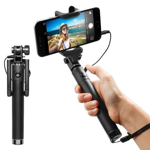 Wired Selfie Stick, Self-Portrait Built-in Remote Shutter Monopod - AWB41