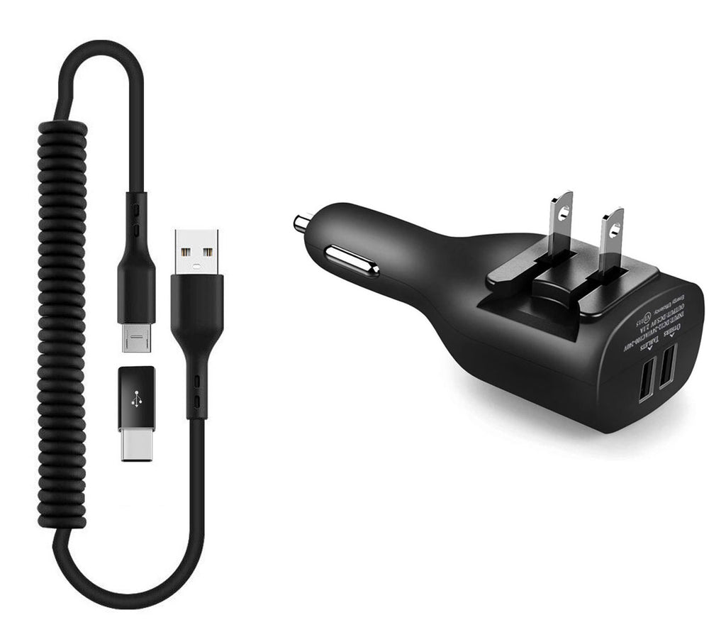2-in-1 Car Home Charger, Power Wire Charger Cord Micro-USB to USB-C Adapter Coiled USB Cable - AWE96