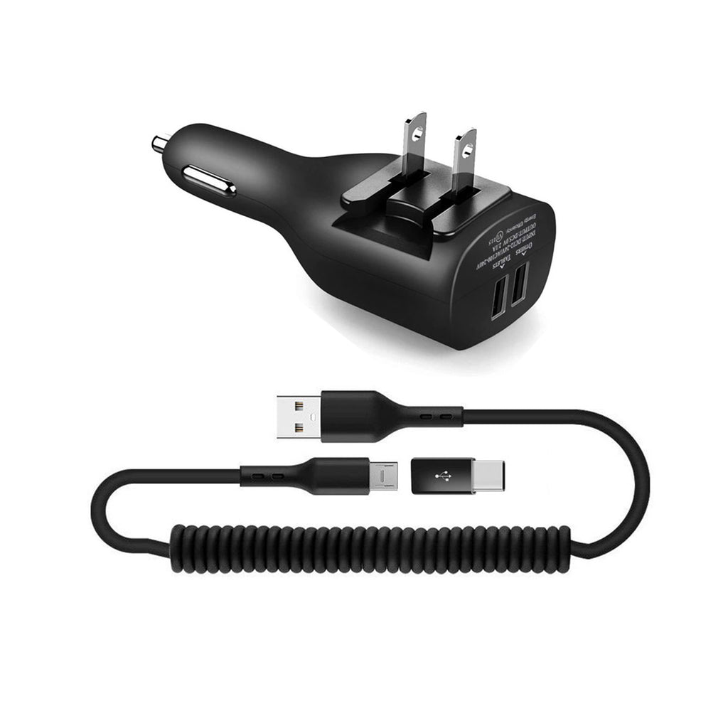 2-in-1 Car Home Charger, Power Wire Charger Cord Micro-USB to USB-C Adapter Coiled USB Cable - AWE96