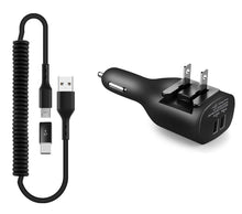 Load image into Gallery viewer, 2-in-1 Car Home Charger, Power Wire Charger Cord Micro-USB to USB-C Adapter Coiled USB Cable - AWE96