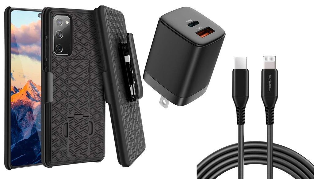 Belt Clip Case and Fast Home Charger Combo, Kickstand Cover 6ft Long USB-C Cable PD Type-C Power Adapter Swivel Holster - AWA83+G88