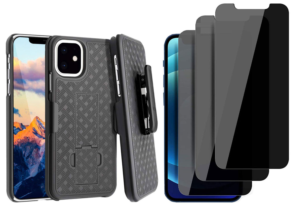 Belt Clip Case and 3 Pack Privacy Screen Protector, Anti-Peep Kickstand Cover Tempered Glass Swivel Holster - AWM27+3R72