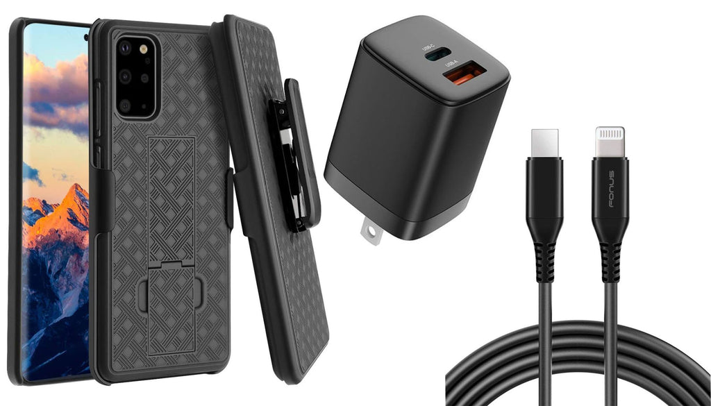 Belt Clip Case and Fast Home Charger Combo, Kickstand Cover 6ft Long USB-C Cable PD Type-C Power Adapter Swivel Holster - AWSC2+G88
