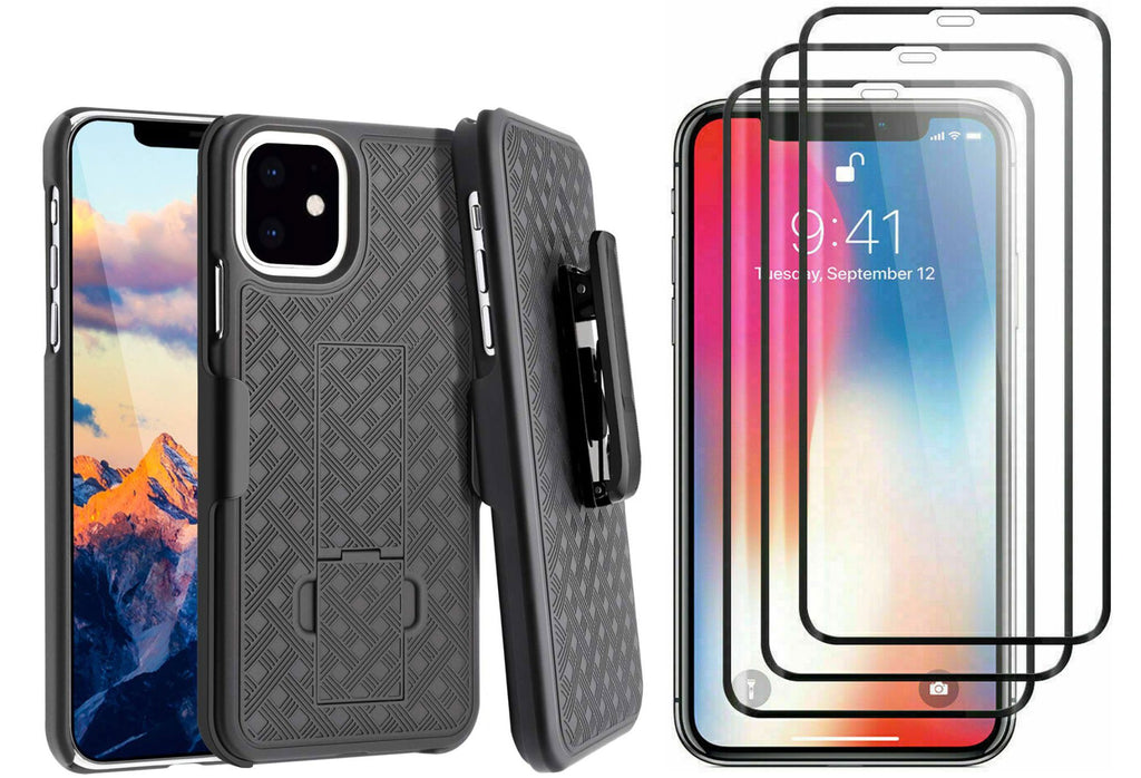 Belt Clip Case and 3 Pack Screen Protector, 5D Touch Kickstand Cover Tempered Glass Swivel Holster - AWJ44+3R48