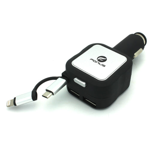 Car Charger, 2-in-1 2-Port USB 4.8Amp Retractable - AWC82