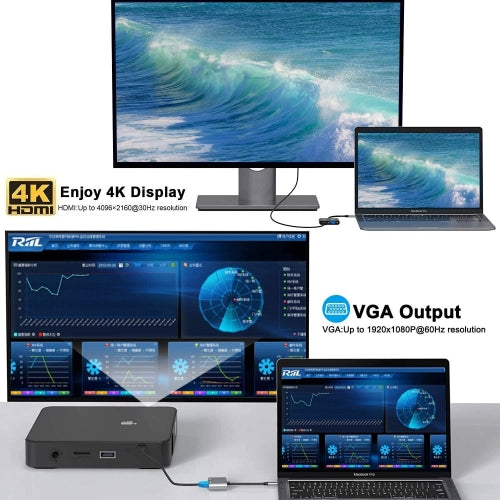 USB-C to HDMI VGA Adapter, Projector Converter TV Video Hub HDTV Cable Video Splitter - AWX98