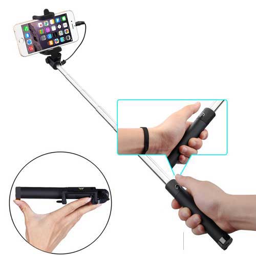 Wired Selfie Stick, Self-Portrait Built-in Remote Shutter Monopod - AWB41