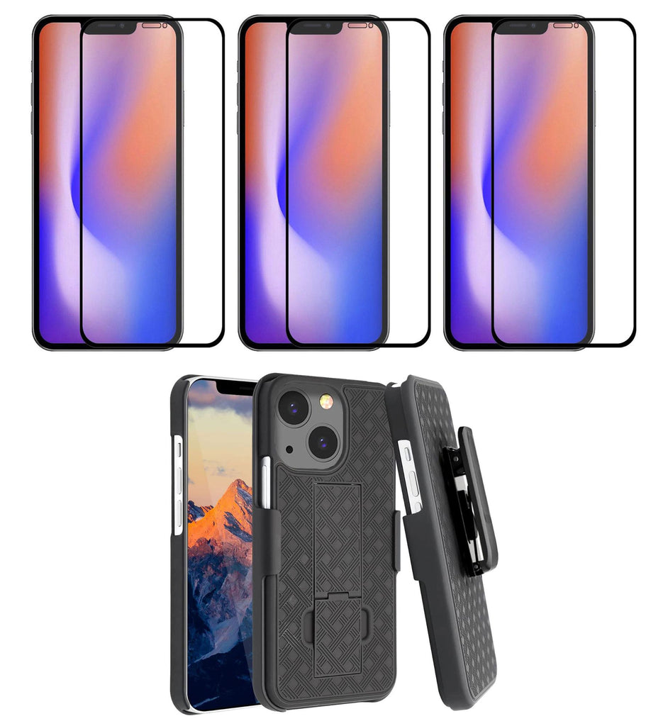 Belt Clip Case and 3 Pack Screen Protector, 9H Hardness Kickstand Cover Tempered Glass Swivel Holster - AWA49+3Z31