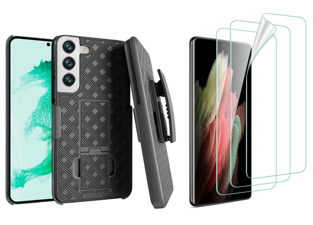 Belt Clip Case and 3 Pack Screen Protector, Anti-Glare Kickstand Cover TPU Film Swivel Holster - AWZ56+3Z36